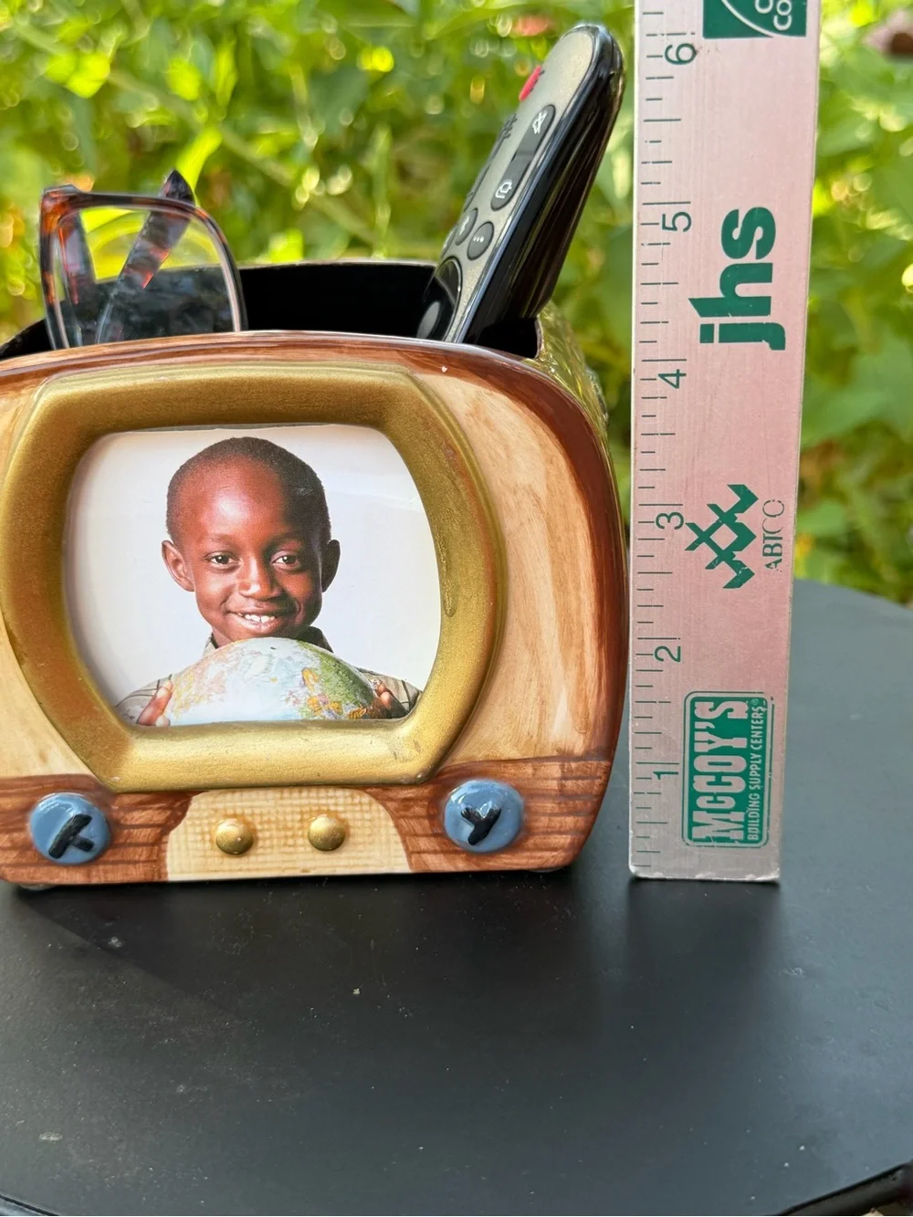 Retro TvShaped Ceramic TV Remote Caddy Organizer & Picture Frame 2.5x3” Brown